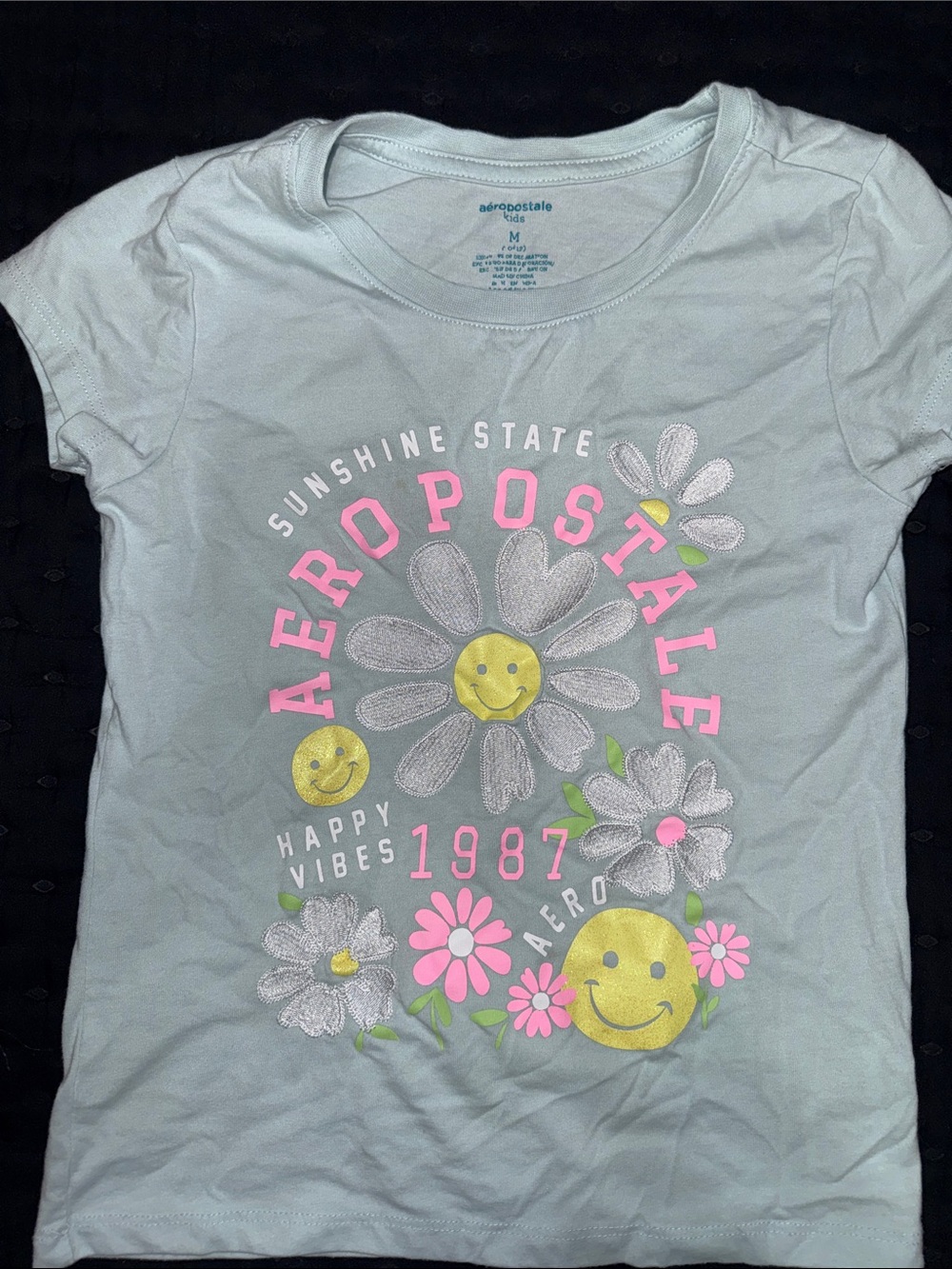 Aeropostale Light Teal Tee with Pink Floral & Yellow Smiley Graphics
